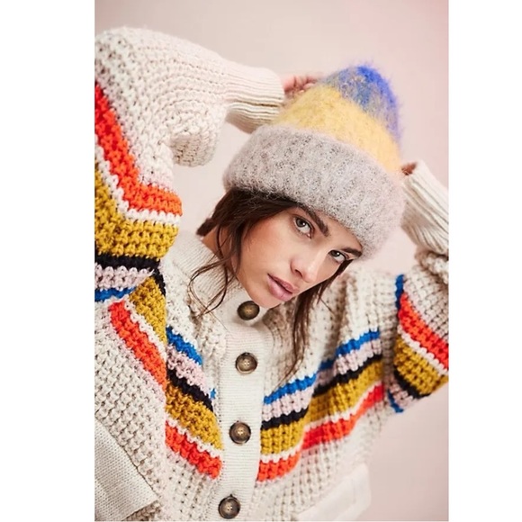 Free People Icing Beanie in Blue Gold NWT Stripes Wool Fall Winter Bohemian - Picture 3 of 9